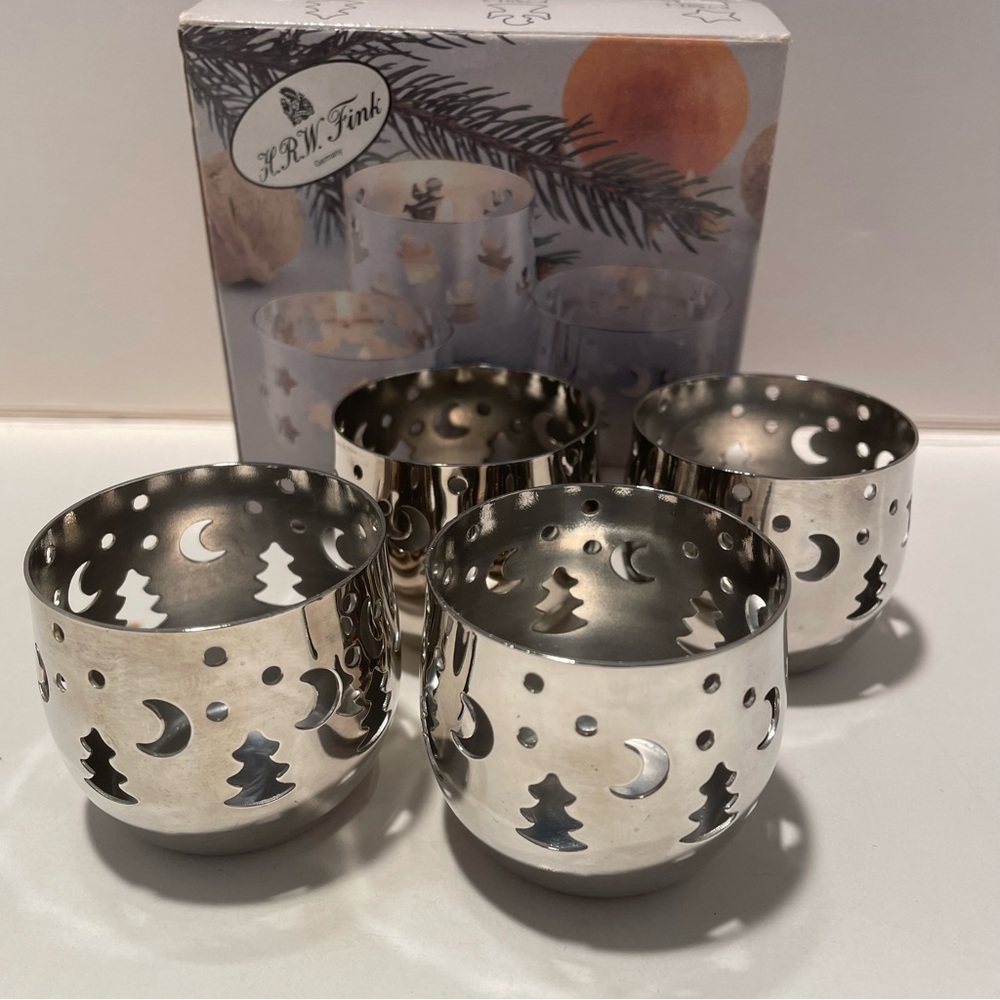 Set of 4 Silver Plated HRW Fink Tealight Candle Holder Trees Vintage Germany